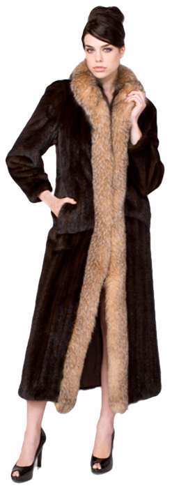 Gliagias Furs Women's Mahogany Mink Coat with Fox Tuxedo Collar