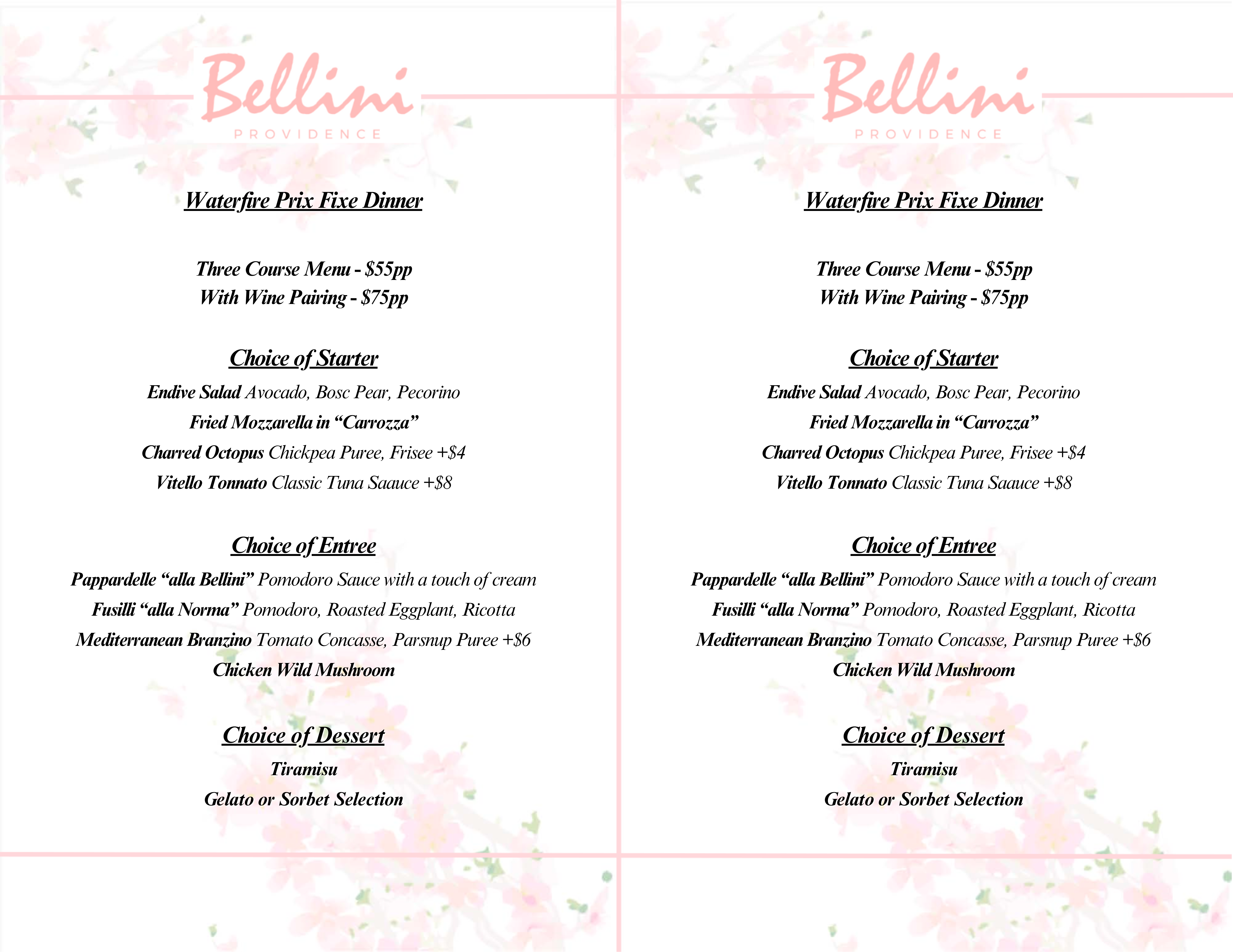 WaterFire Prelude & Finale Prix Fixe Dinner | BELLINI RESTAURANT