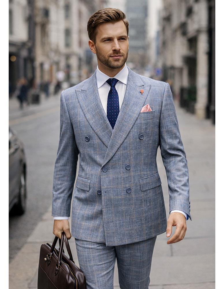 Statement Antica-Gray Double Breasted Plaid Suit