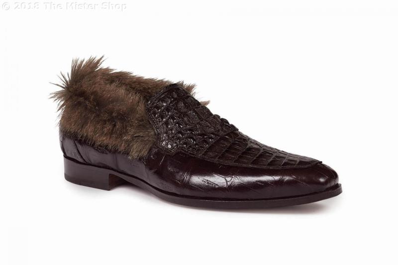 Fall 2018 Mauri Romeo Baby Croc Hornback Crown Fur Trim Slip On Dark Brown 4615