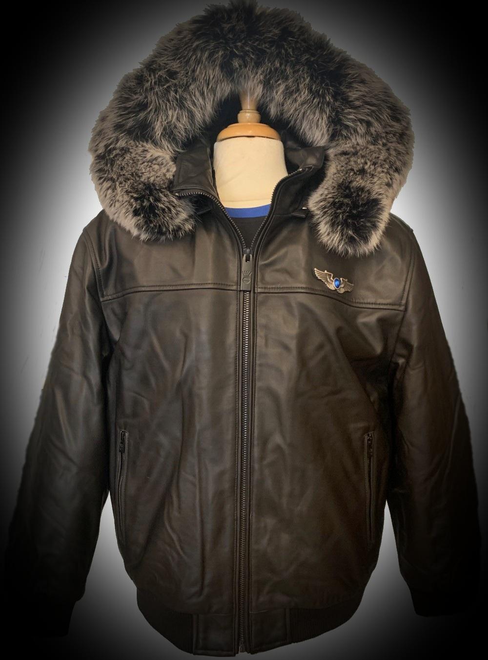 Men's Brown Leather Bomber Jacket with Hood