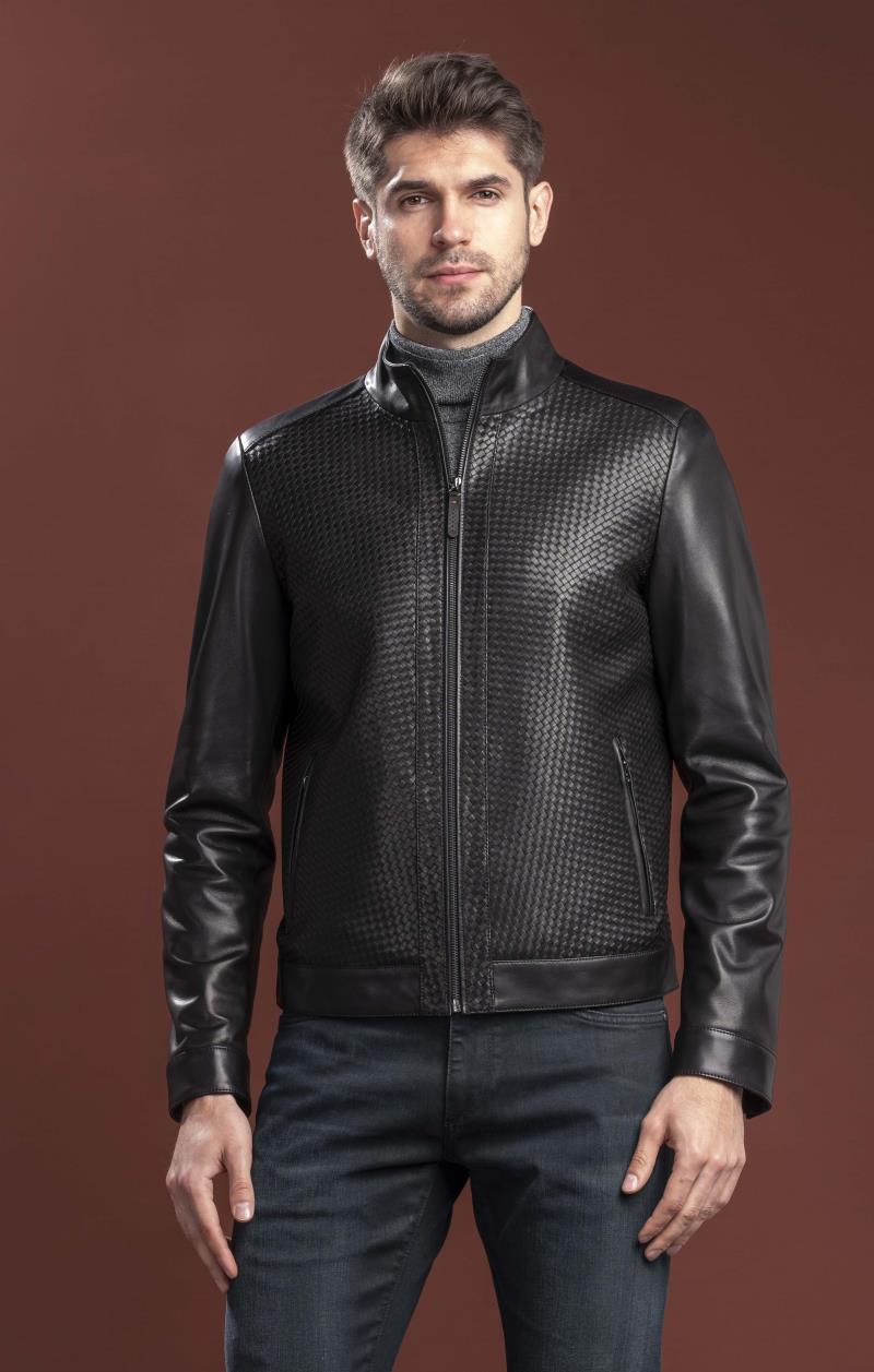 Oxan Pelle Si Men's Woven Lambskin Leather Jacket Black 20945