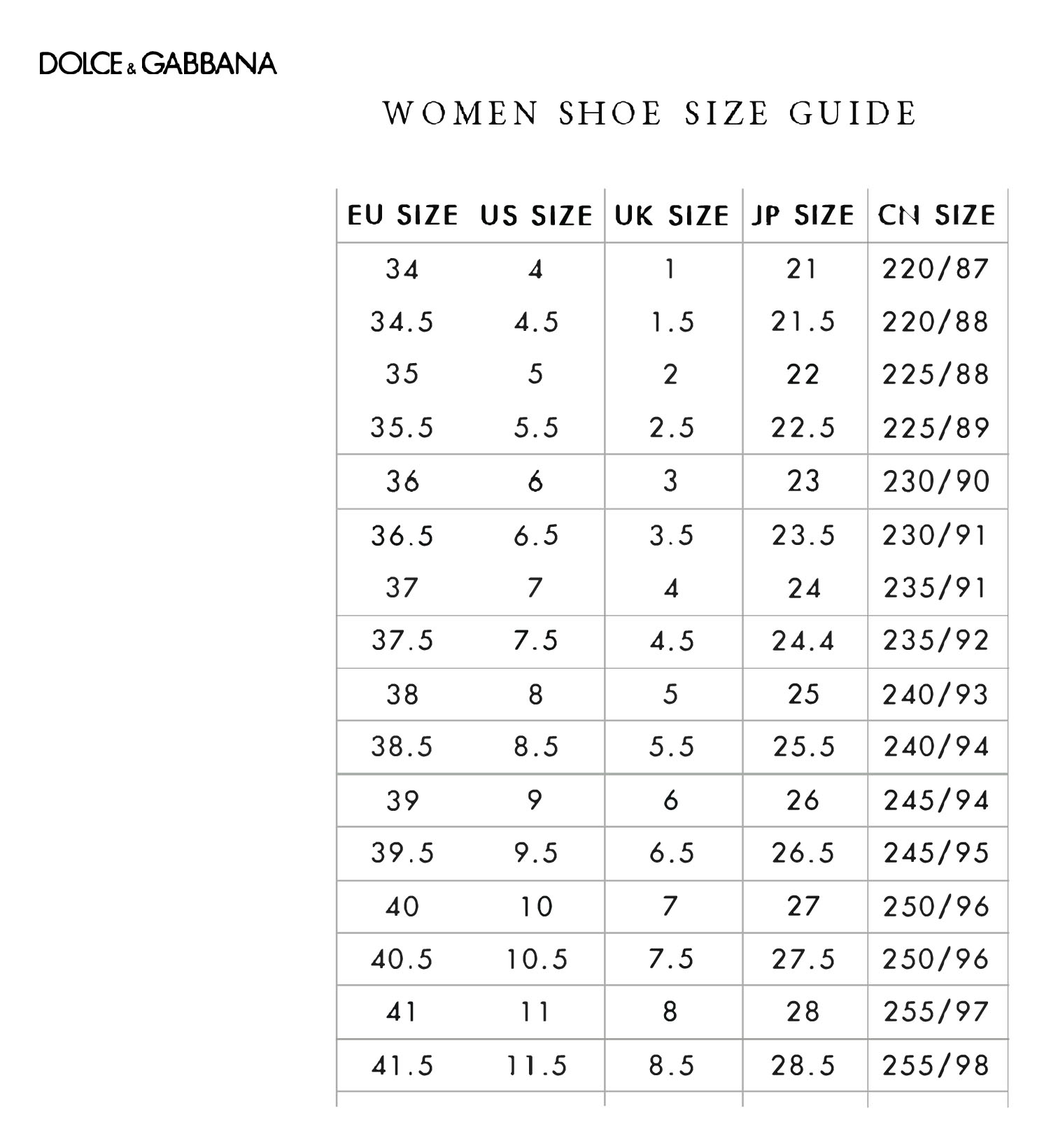 dolce gabbana shoes size guide