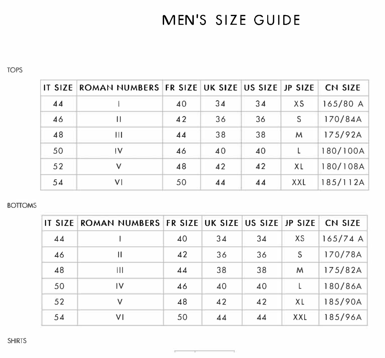 dolce and gabbana shirt size chart